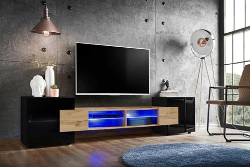 Komodee, Meuble Banc TV Merano, Noir Wotan Noir, Largeur 230 cm x Hauteur 52,5 cm x Profondeur 35 cm, sans LED, pour Salon, Chambre