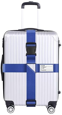 Koffergurt Kofferband mit adressschild Verstellbar Kreuzgurt mit kofferanhänger Bunt Gepäckgurt Gepäckband für 20-32 Zoll Reise Koffer Reisezubehör (Blau-no Lock)