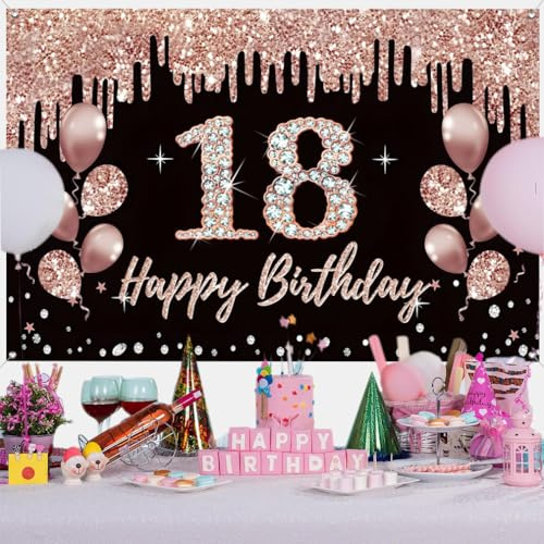 18. Geburtstag Dekoration für Mädchen, Party Dekoration Schwarz und Roségold Stoffschild Hängeposter, 18. Geburtstag Hintergrund Banner Party Willkommensschild