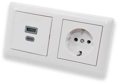 EBROM USB-C und USB-A Unterputz Steckdose/Lader, 45+15 Watt Leistung – Schnellladefunktion für Wearables, Smartphones Tablets + Gira Steckdose 018803 in System 55 reinweiß glänzend