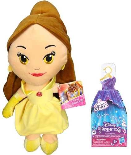 Disney Princess – Die Schöne und das Biest Plüsch & Disney Prinzessin 8,9 cm Blindbox bewegliche Puppen-Sets – 36 cm Belle Plüsch & 1 x Secret Styles S4