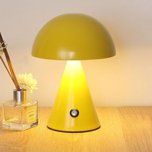 RuiDay Pilz Lampe, LED Tischlampe Mit 3 Farbig Dimmbare Nachttischlampe, Kabellos Nachtlicht, Mushroom Tischlampe Für Moderne Beleuchtung, Schreibtischlampe Für Schlafzimmer, Büro (Gelb)