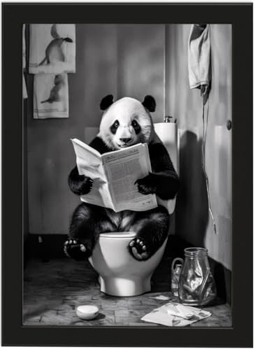 Panda auf WC, Poster DIN A4 mit Rahmen, Toilette Badezimmer Deko Bild, Wand-Deko Bilder Lustiges Geschenk