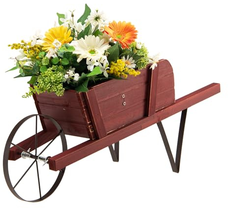 GOPLUS Blumenwagen aus Holz, Pflanzschubkarre mit Metallrad, 9 austauschbare Magnetzubehörteile, Blumenkarre Blumenkasten Pflanzenständer für Garten & Terrasse, 69,5 x 26 x 29,5 cm (Rot)