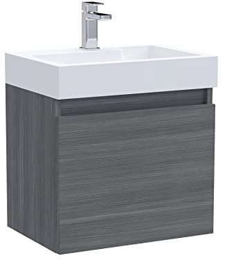 Balterley Vanity Unit with Basin Wall Hung, Single Door Soft Close with Offset Rectangular Sink, Bathroom Vanity Units with Basin, Bathroom Sink Cabinet - 503 x 360 x 520mm (Woodgrain Anthracite)