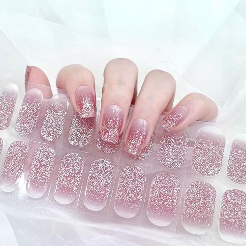 ChicNana Semi Cured Gel Nails Strips, 20 Stickers Nail Wraps Soft Self-Adhesive Gel Nail Stickers, Manicure UV/LED Lamp Required (Pink Glitter)