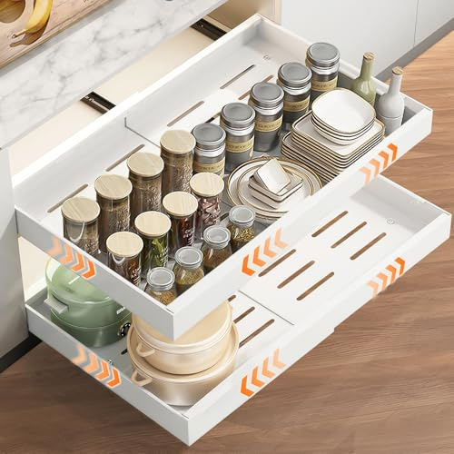 beibijio Cajón Telescópico, 32-52cm Cajones Extraíbles de Ancho Ajustable, Organizador de Armario Extensible con Sistema de Rieles, Cajón de Armario de Cocina Versátil para Organizador (1)