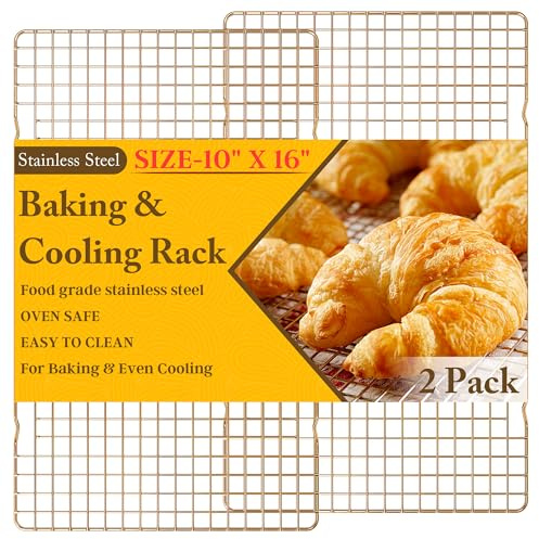 2 PCS Cooling Racks for Cooking and Baking, 10 x 16, Gold | Heavy Duty, Stainless Steel Wire Rack, For Baking, Grilling, Roasting, Oven & Dishwasher Safe, Fits Half Sheet Pan