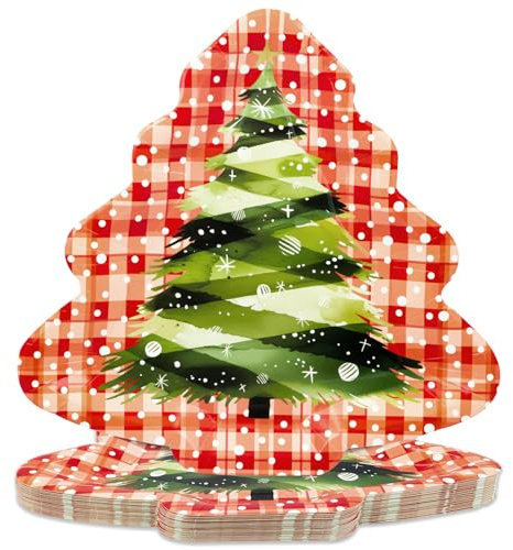 BFB Assiettes Carton Noël 24 Pièces - Grandes Assiettes en Papier Jetable en Forme d'Arbre de Noël 32 cm
