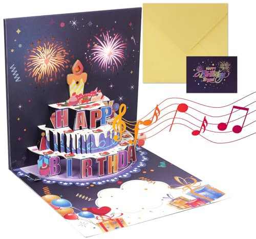OFFCUP Geburtstagskarte, 3D Pop Up Grußkarten Geburtstag mit Musik und Licht, Blowable Feuerwerk Karte Pop Up Kuchen Geburtstagskarten 3D Pop Up Karte mit Umschlag Geburtstag Grußkarte für Frau Männer