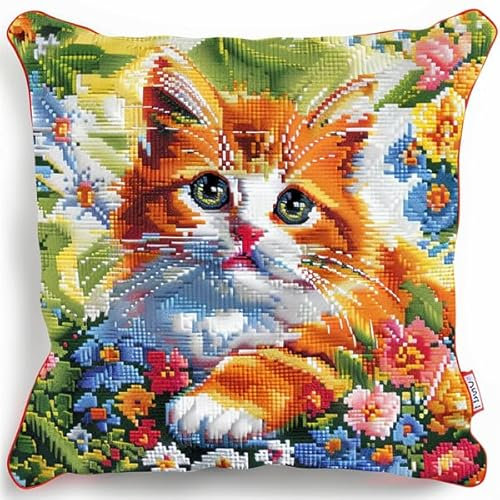 Kitquiver Knüpfkissen Set Katze Knüpfen für Anfänger Set 43X43cm Knüpfen Handarbeit Set Kissen Bastelset Knüpfen Handwerksset Kissen DIY Bastelset für Anfänger für die Sofa-Heimdekoration