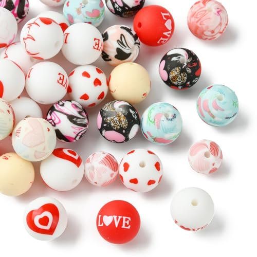 UR URLIFEHALL Lot de 50 perles rondes en silicone de 15 mm - Motif amour - Perles en caoutchouc pour stylos à perles, loisirs créatifs, fabrication de bijoux, fête, décoration d'intérieur