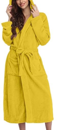 Women's Hooded Bathrobe - Fleece Dressing Gown Long UK Fluffy Super Soft Plush Bath Robe Loungewear Yellow