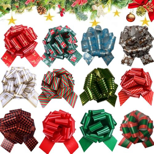 Chexin 12 Stück Weihnachten Geschenkschleife, Große Weihnachten Schleife,Weihnachtsschleifen mit Geschenkband,Weihnachtsbaum Schleifen Deko,Geschenkschleife für Kränze Körbe Blumensträuße Süßigkeiten