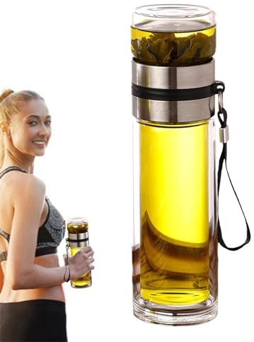 Glas Tee-Ei Flasche – Tee- und Wassertrennung Teeflasche Becher | Doppelwand-Design Infuser Wasserflasche | Tee Brauen Glasflasche mit eingebauter Edelstahl-Teekammer für Früchtetee