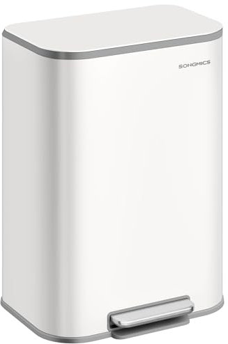 SONGMICS Küchenabfalleimer, 50 l, Mülleimer mit Deckel, Edelstahl, Absenkautomatik und bleibt offen, Inneneimer, breites rutschfestes Pedal, Wolkenweiß ULTB547W01