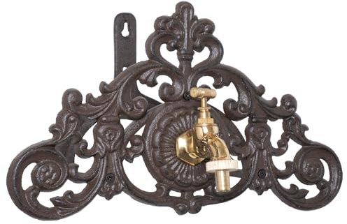 Wasserhahn mit Schlauchhalter aus Gusseisen - Wandmontage - Antikes Design - Gartendekoration - 22 x 36,5 x 25 cm - Robuste Halterung - Integrierter Wasserhahn - Vintage Look