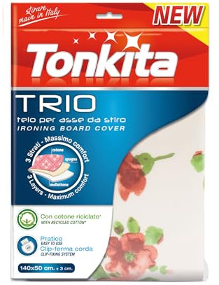 Tonkita | Trio Telo Triplo Strato per ASSE da Stiro, 140x50 cm, Copri ASSE in Cotone Riciclato, Spugna e Morbido Mollettone, con Clip Ferma Corda, per Assi da Stiro Fino a 132x42 cm - Made in Italy