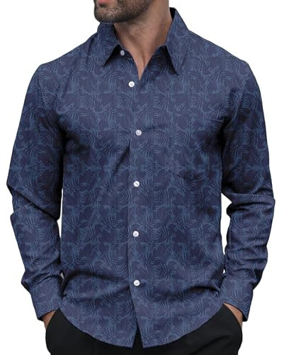 APTRO Men's Shirts Long Sleeve Dress Shirts Casual Floral Shirt Wrinkle-Free Formal Shirts Regular Fit Patterned Navy L