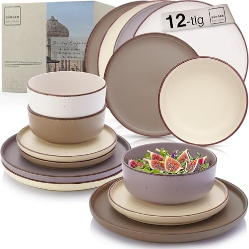 SÄNGER Bombay Erdfarben | Geschirrset 12 teilig, Steingut Geschirr 4 Personen, 4x Speiseteller 4x Dessertteller 4x Schalen, Teller Set bunt | VALUE COLLECTION