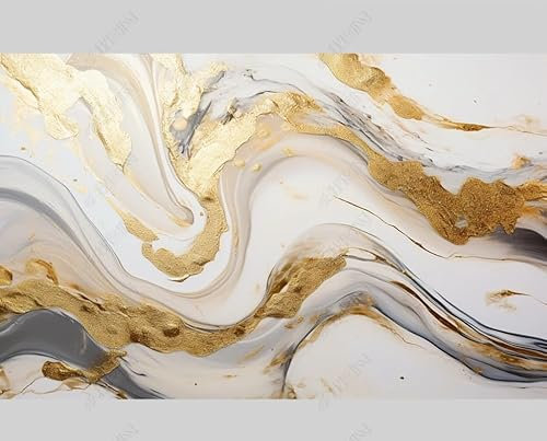 Papier Peint Intissé Or Blanc Marbré Poster Tableaux Muraux Tapisserie Photo Trompe L'Oeil Salon Chambre Art Mural 350Cm(L) X256Cm(H)