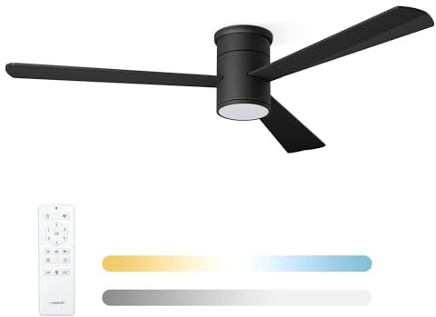 Noaton Ventilatore da Soffitto con Luce e Telecomando, LED Dimmerabile 22,9 W, 3 Temperature di Colore, 3 Pale Nero, Timer, con Motore DC 34 W, 6 Velocità, Ø132 cm, Silenzioso