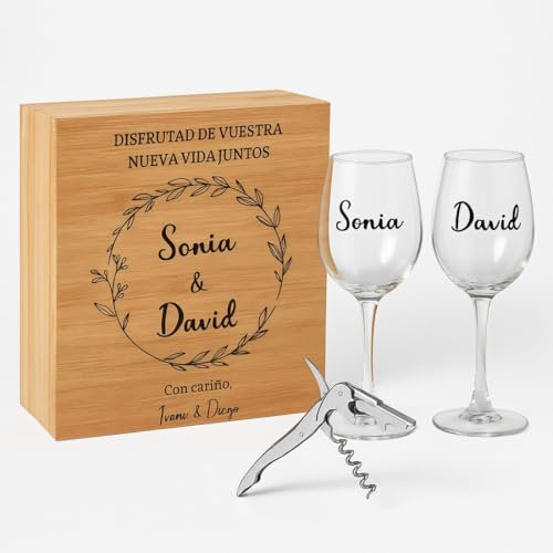 Set de Vino Personalizado con Estuche de Madera – 2 Copas Grabadas + Abridor – Regalo para Bodas, Parejas o Jubilaciones - Copas Personalizadas para Boda