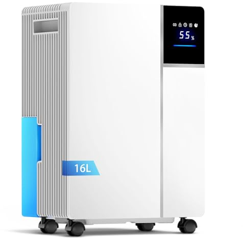 16L/Day Dehumidifier with Auto Humidity Sensor & Digital Display, 24H Timer, Childlock, Sleep Mode, 3 Color Light, Smart Dehumidify for Home Basement Office Garage, With 2L Water Tank & Drain Hose
