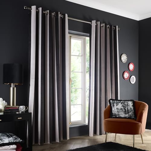 Laurence Llewelyn-Bowen Eyelet Curtains, Living Room, 168 x 137cm, Black, Recycled Polyester, Blackout, Thermal Insulated, Velvet, Striped