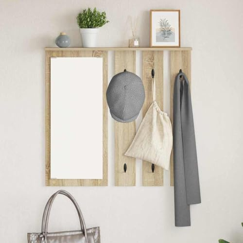 Holamys Porte-manteau mural en chêne Sonoma 84 x 10 x 80 cm, en matériau dérivé du bois, avec miroir, 1 étagère, pour couloir, entrée, design moderne