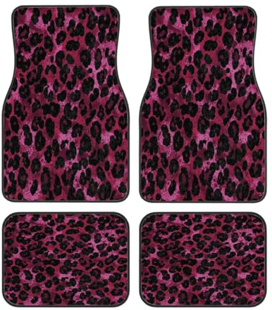 Myfsucce Set di 4 tappetini universali in poliestere con stampa leopardata rosa con retro antiscivolo, adatti per auto, SUV, camion e furgoni