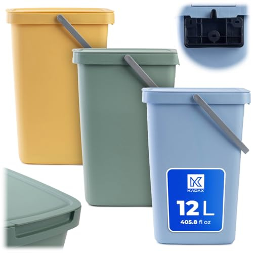 KADAX Juego de 3 contenedores de basura de 12L, contenedores de basura de plástico con tapa y asa, papeleras para separación de basura, contenedores de basura con tapa abatible (verde, amarillo, azul)