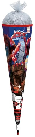 ROTH Schultüte 85 cm groß, Motiv Robo Drache mit Silbertüll und Rot(h)-Spitze, 6-eckig und Tüllverschluss