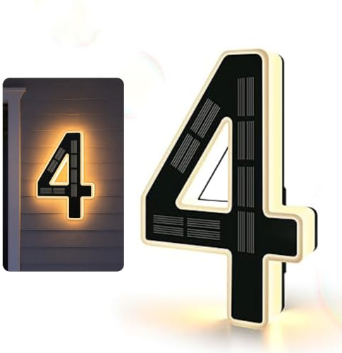 Solar House Number Sign 6.7 Inch, LED Illuminated House Numbers Plaques, Waterproof Door Numbers for Outside, Personalized Modern Door Number with Easy Installation (4-black)