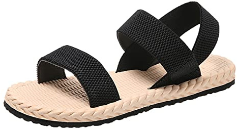 Sandalias Mujer Platafoma Qies Anchos Comodas Verano Color sólido Correas elásticas Parte inferior plana Exterior Paja Lino Zapatos Sandalias de Cerradas Por Delante Zapato Talla 37