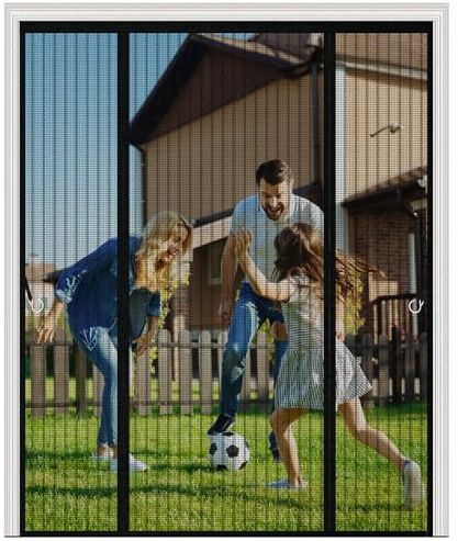 Magnetic Fly Screen for Double Doors, 3-Panel Side-Opening Mesh Door Curtain, 4cm Widened Hook and Loop, No-Drill Heavy Duty Mosquito Net for French, Patio & Sliding Doors,150x205cm,Black