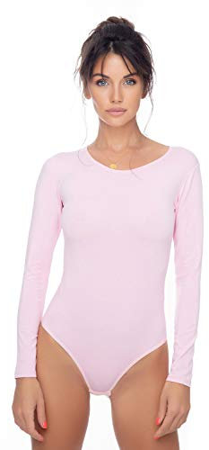Evoni Body pour femme à manches longues I Body opaque avec col rond pour femme I Body à manches longues en différentes couleurs I Body Shaper en coton I Combinaison, rose bonbom, L