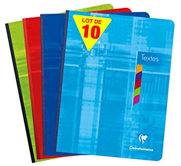 Clairefontaine 9626C - Packung mit 10 Hausaufgabenheften, Rücken geleimt, 17x22cm, 72 Blatt, französische Lineatur, 90g, farbig sortiert, 1 Pack