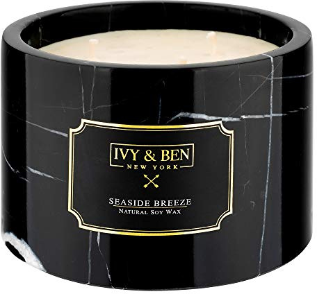IVY & BEN NEW YORK - Premium Durftkerze in echtem Marmor - 100% Sojawachs (Seaside Breeze, Luxury)