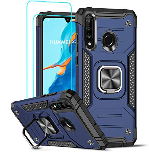 LeYi for Huawei P30 Lite/P30 Lite New Edition Case and Tempered Glass Screen Protector [2 Pack],Cover with Ring Holder Shockproof Protective Silicone Bumper Armour Hard Phone Case for P30 Lite Blue