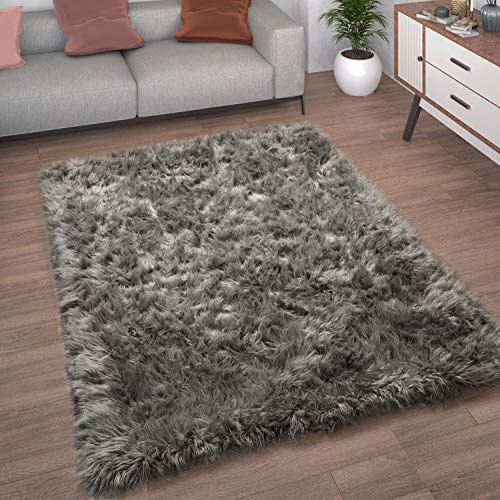 Paco Home Kunstfell Fellteppich Imitat Teppich Hochflor Sitzkissen Herzform Rund Fell Form, Grösse:60x100 cm, Farbe:Anthrazit