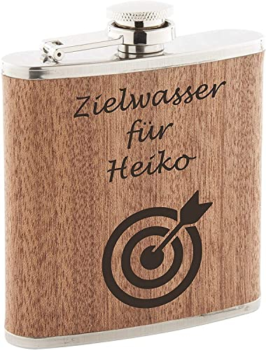Zielwasser mit Scheibe Flachmann Holz mit Gravur personalisiert (Scheibe mit Pfeil einfach)