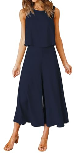 FANCYINN Damen Sommer 2-teiliges Outfit ärmellos Rundhals Tanktop gekürzte Weite Beinhose Blau XL