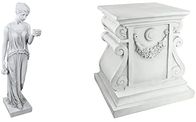 Design Toscano Hebe, die Göttin der Jugend griechische Gartenstatue, Polyresin, antikes steingrau, groß 81 cm & Klassische Statue Gartensockel Basisheber, Polyresin, Antikes Steingrau, groß 38 cm