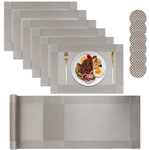 Homcomodar Table Place Mat with Coasters Set of 6 Washable Placemat Sets Heat Resistant Table Runner 30x180cm(Grey)