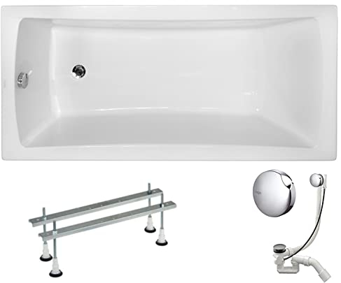 VBChome Acryl Badewanne 160x70 cm Weiß Rechteck Wanne Siphon Wannenfüße Design Modern Ablaufgarnitur in Chrom