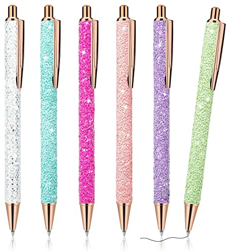 Molain 6 Stück Bling Sparkly Metallstifte, einziehbare Kugelschreiber, niedlicher Glitzer, 1,0 mm, schwarze Tinte feine Spitze Geschenkstifte Schreib Journal Stifte für Kinder (Pailletten Stil)
