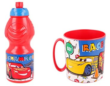 ALMACENESADAN, 4923, Pack retour à l'école Disney Cars ; composé de tasse micro-ondes 350 ml et bouteille d'eau 400 ml, produit réutilisable, sans BPA