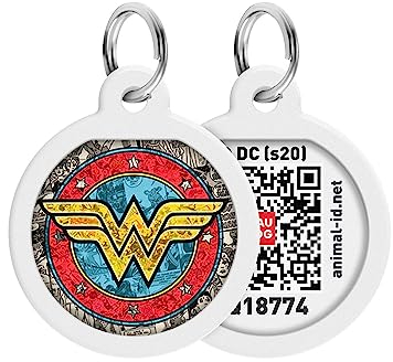 Pet ID Tag für Hund Katze mit QR Passport Global Suchsystem von verlorenen Haustieren Digital ID Hund Tag Wonder Woman 2