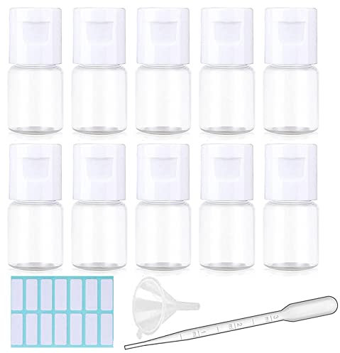 SKYPRO 10 Botellas de Viaje vacías de plástico Transparente con Tapa abatible, 5 ml contenedores Recargables portátiles con pipeta, Embudo y Etiquetas, para champú, acondicionador, cosméticos